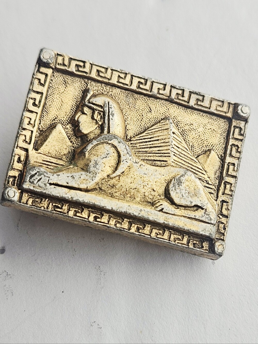 Vintage Egyptian Revival Sphinx Brooch – Antique Gold Tone Pyramids Sash Pin